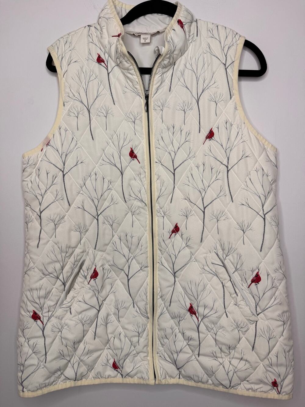 Coldwater Creek Women’s M Quilted Cardinal Bird Print Vest Ivory Cream Full Zip